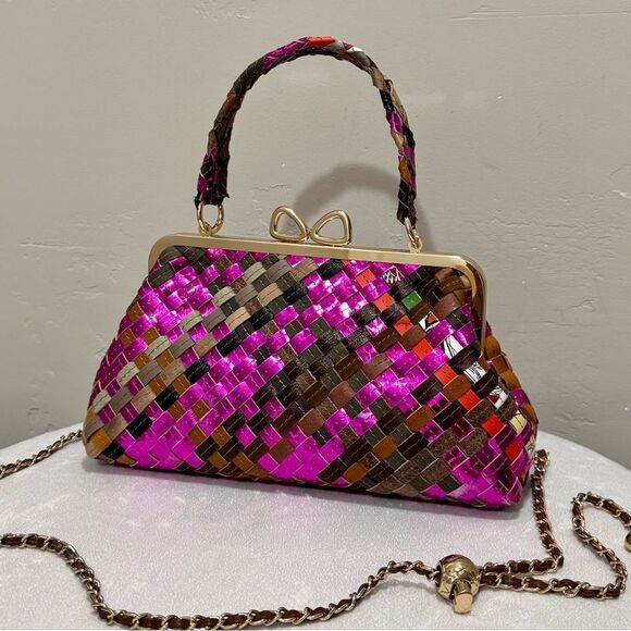 Unique Colorful Woven Cowhide Bowknot Shaped Kisslock Clutch/Wristlet/Crossbody - Picture 1 of 12